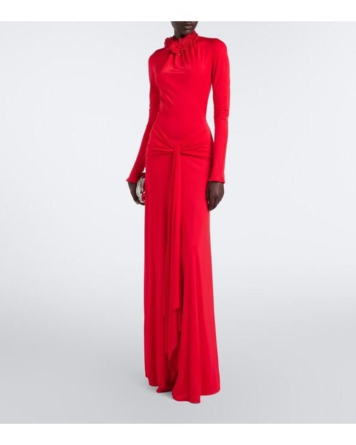 David Koma Red Draped Floral-Applique Gown
