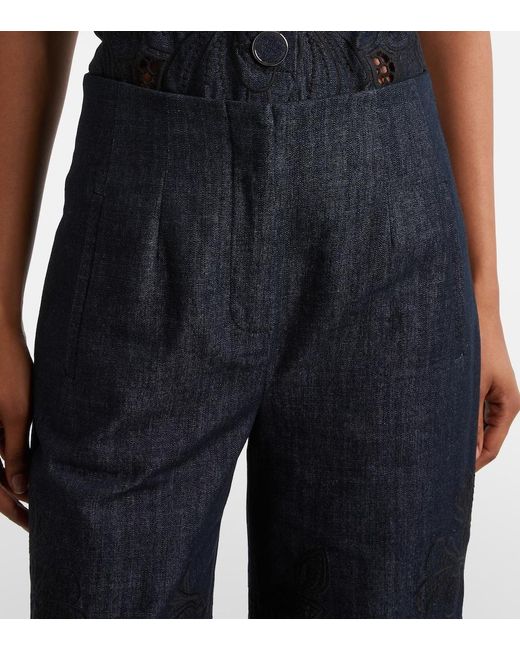 Veronica Beard Blue Osborne Cotton Chambray Wide-Leg Pants