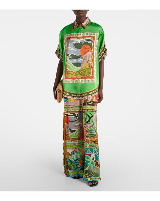 ALÉMAIS Green Lucky Pace Printed Silk Palazzo Pants