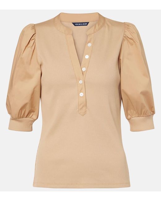 Veronica Beard Natural Puff-Sleeve Cotton-Blend Top