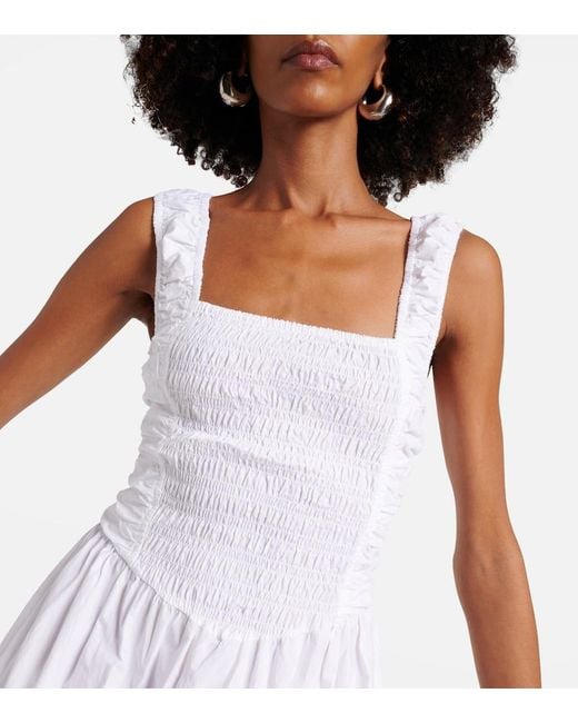 Ganni White Shirred Cotton Poplin Midi Dress