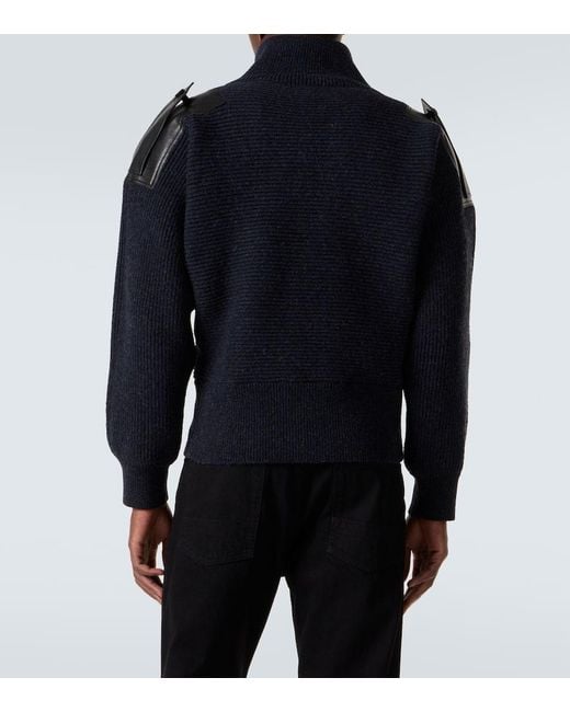 Burberry Blue Leather-Trimmed Wool-Blend Polo Sweater for men