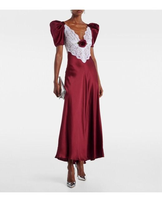 Rodarte Red Floral-Applique Lace-Trimmed Silk Gown