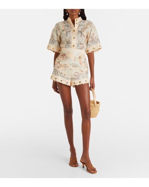 Zimmermann Natural Printed Linen Shorts
