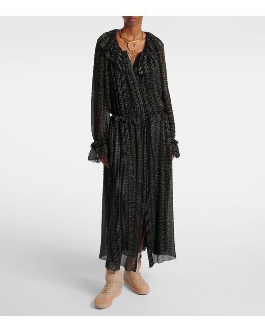 Chloé Black Ruffled Gathered Silk-Blend Gown