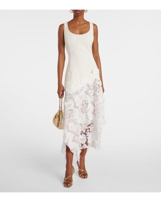 Oscar de la Renta White Tweed And Guipure Midi Dress