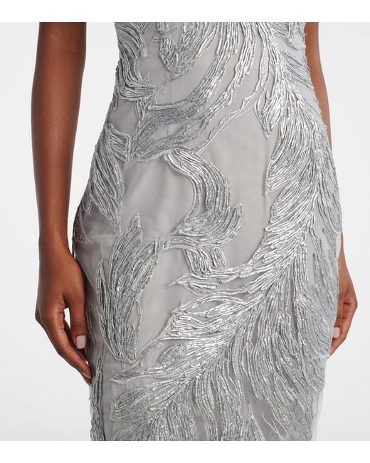 Monique Lhuillier White Embroidered Silk Tulle Gown