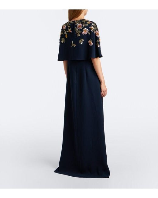 Oscar de la Renta Blue Embellished Silk-Blend Georgette Gown