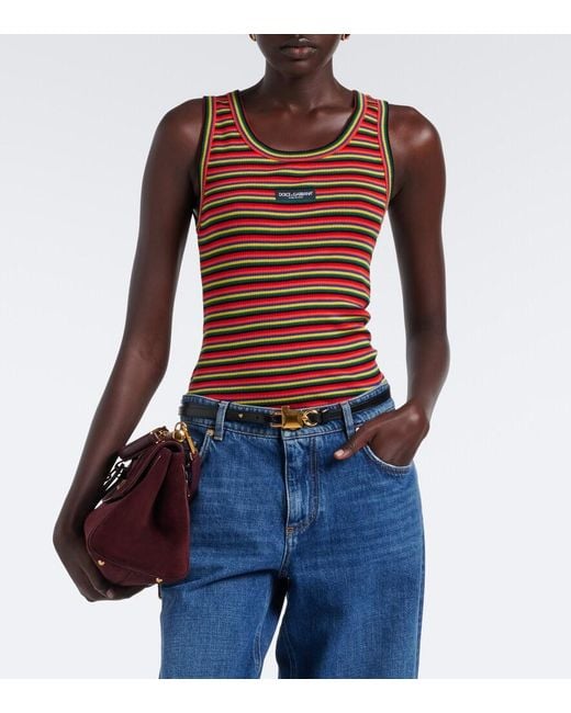 Dolce & Gabbana Red Knitted Striped Cotton Tank Top