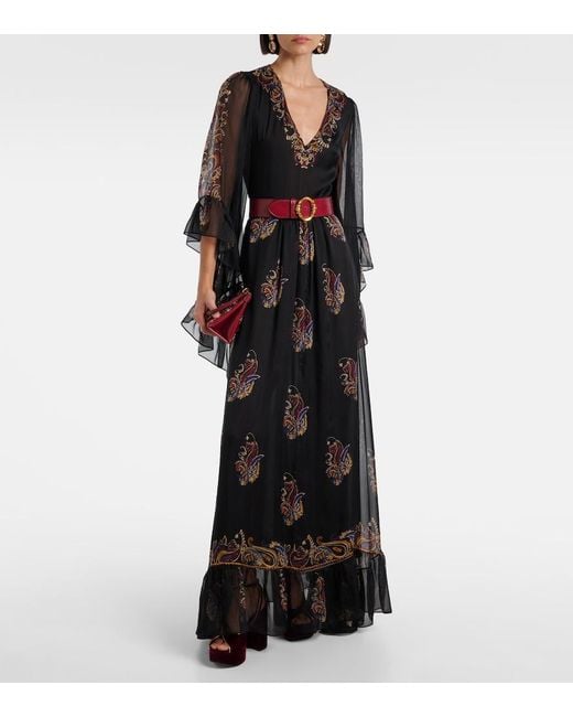 Etro Black Paisley Silk Maxi Dress