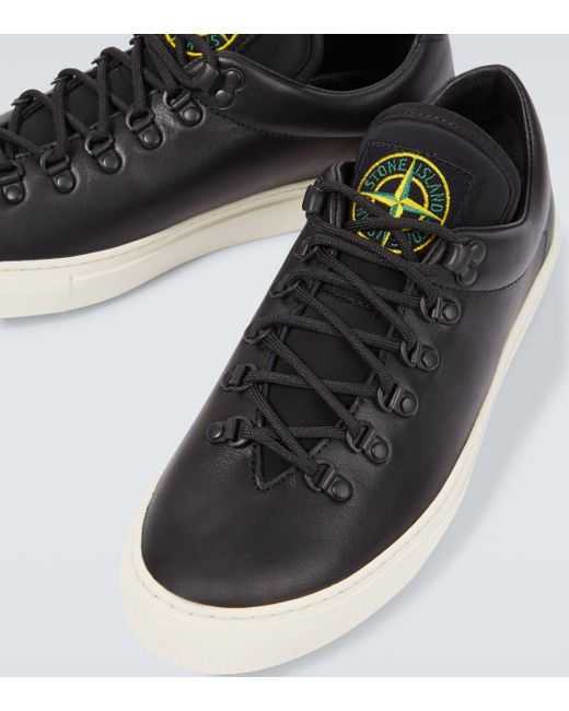 Stone Island Black Compass Leather Sneakers for men