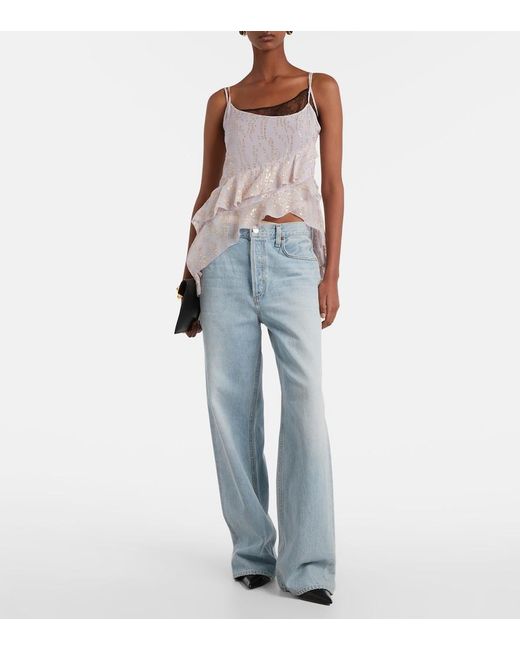 JACQUES WEI Pink Printed Ruffled Asymmetric Silk-Blend Top