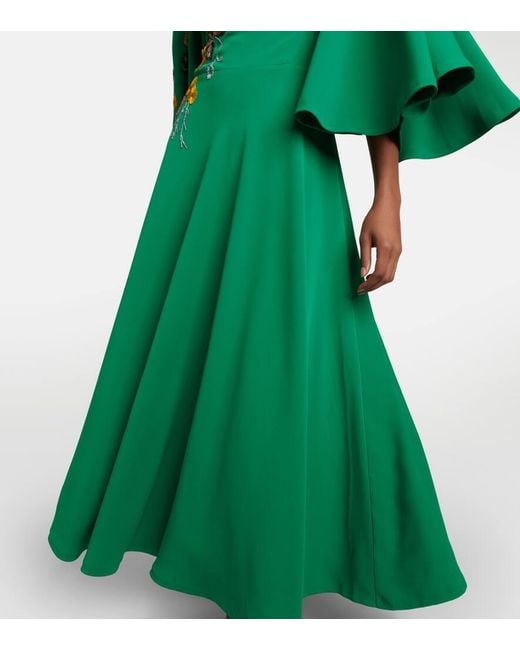 Costarellos Green Zinnia Embroidered Cape Maxi Dress