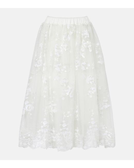 Simone Rocha White Sequined Tulle Midi Skirt
