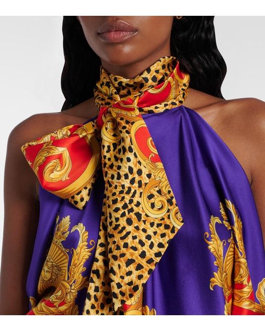 Versace Blue Bow-Detail Printed Silk Satin Top