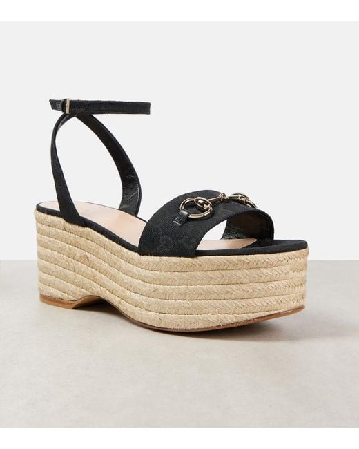 Gucci Black Lady Horsebit Suede Espadrille Wedges