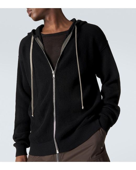Rick Owens Black Ribbed-Knit Virgin Wool Hoodie for men