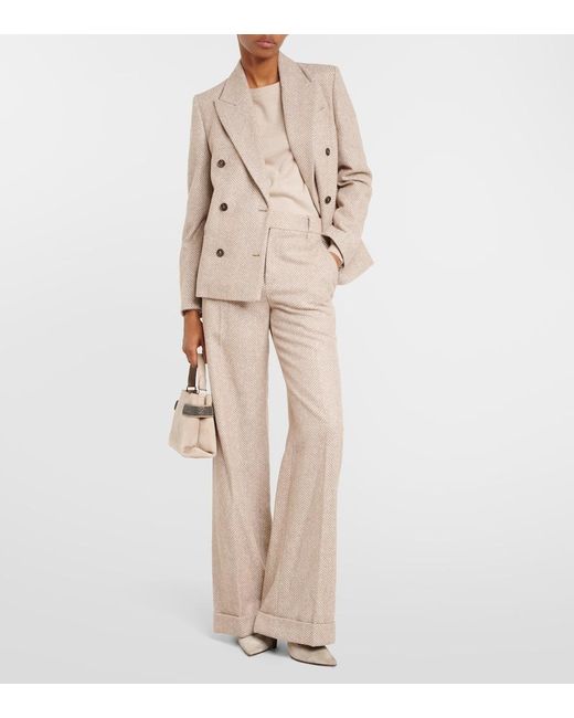 Brunello Cucinelli Natural Chevron Wool-Blend Flared Pants