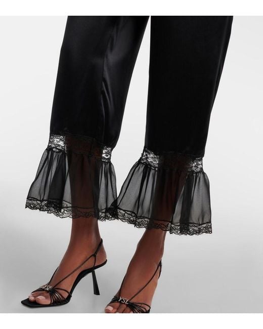Saint Laurent Black Lace-Trimmed Silk Satin Wide-Leg Pants