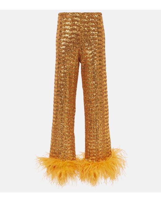 Oseree Orange Feather-trimmed Embellished Wide-leg Pants