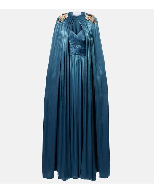 Costarellos Blue Embellished Pleated Caped Bustier Gown