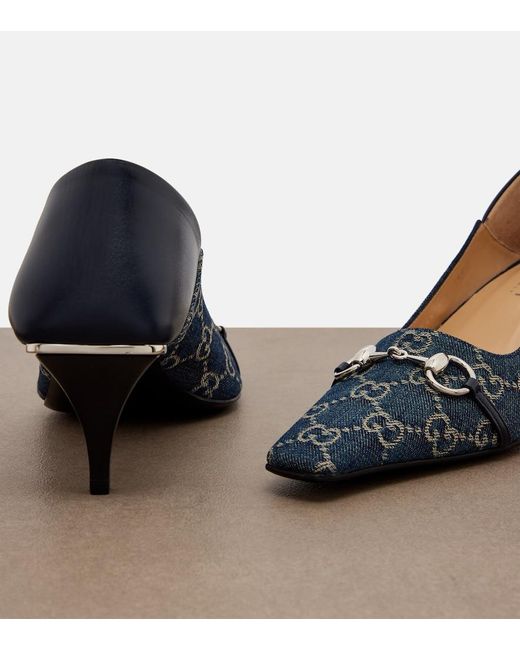 Gucci Blue Vittoria Leather-Trimmed Denim Pumps