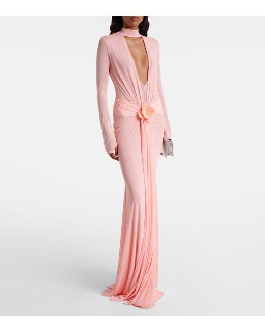 David Koma Pink Draped Floral-Applique Mesh Gown