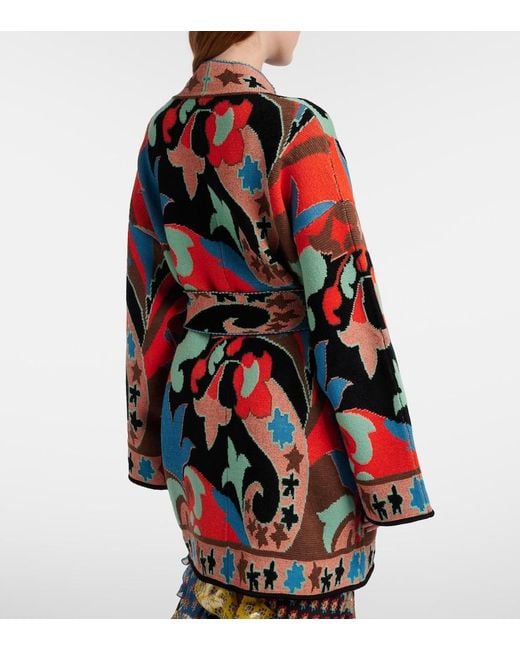 Etro Red Jacquard Wool-Blend Wrap Cardigan