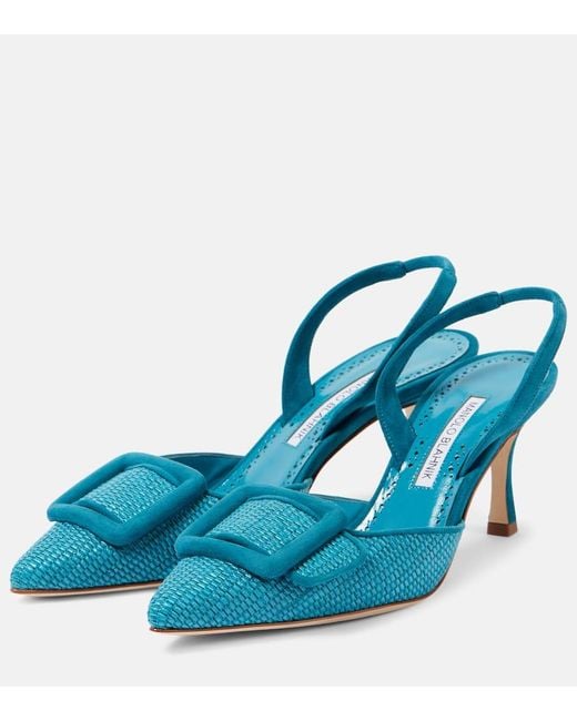 Manolo Blahnik Blue Maysli 70 Raffia Slingback Pumps