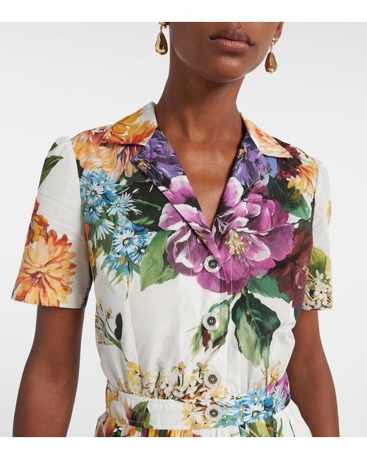 Dolce & Gabbana White Pleated Floral-Print Cotton-Poplin Midi Dress
