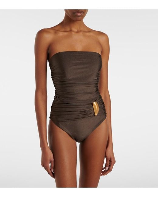 Jonathan Simkhai Brown Lorena Applique Ruched Swimsuit