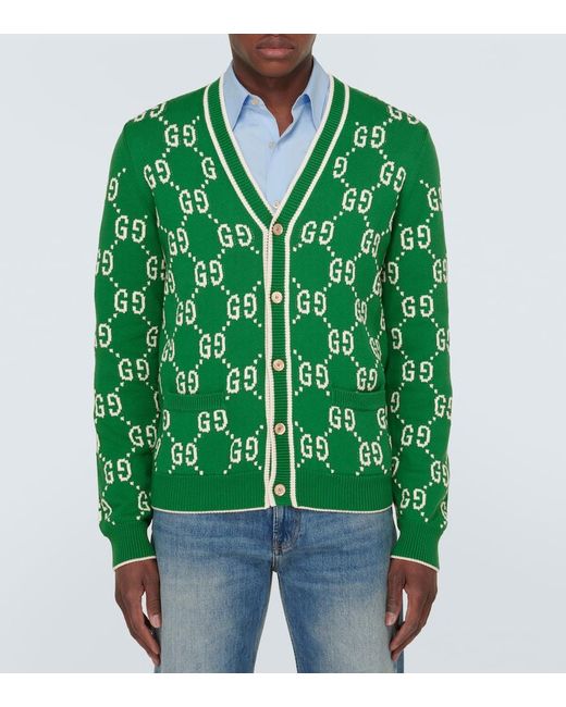 Cardigan in cotone GG con intarsi di Gucci in Green da Uomo