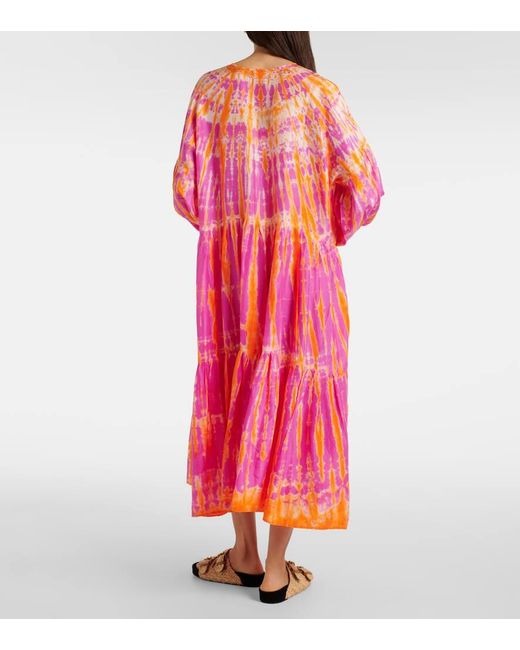 Anna Kosturova Pink Amelia Tie-Dye Tiered Silk Midi Dress