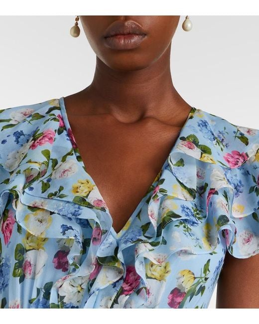 Carolina Herrera Blue Floral Ruffled Silk Gown
