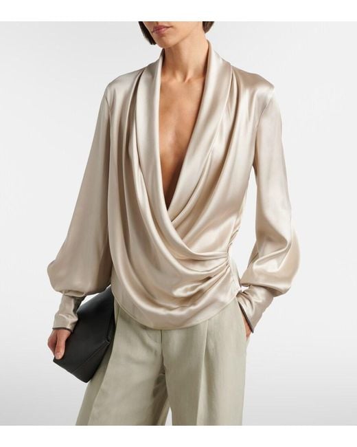 Brunello Cucinelli Gray Draped Silk-Blend Blouse
