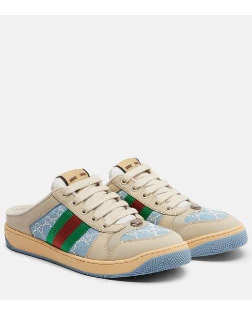 Gucci Blue Screener Faux Pearl-Embellished Mules