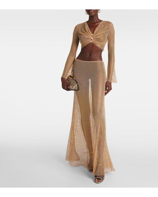 Self-Portrait Natural Rhinestone-Embellished Fishnet-Texture Stretch-Woven Maxi Skirt