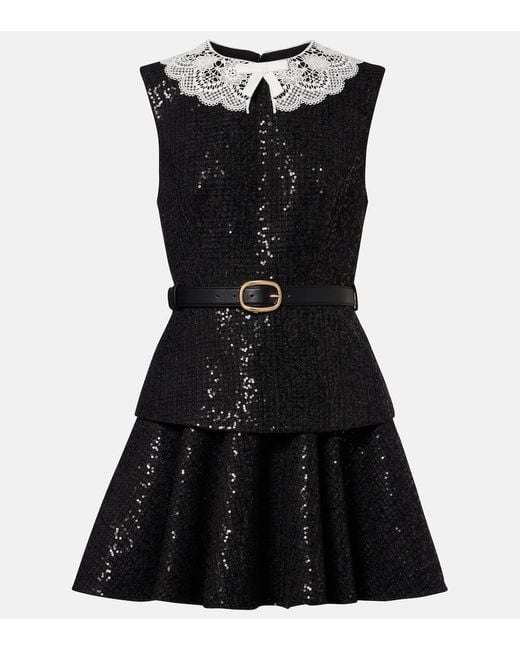 Self-Portrait Black Belted Sequined Boucle Minidress