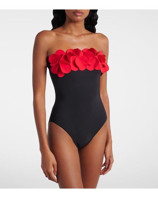Karla Colletto Red Floral-Applique Strapless Swimsuit