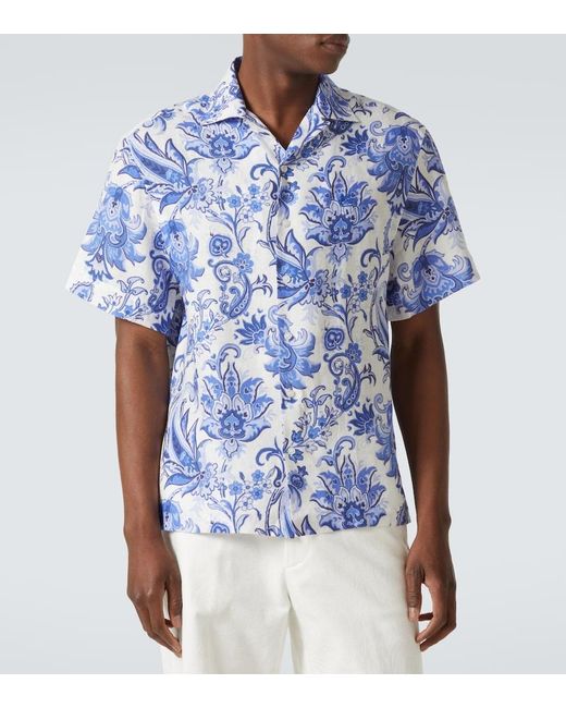Etro Blue Paisley Linen Bowling Shirt for men