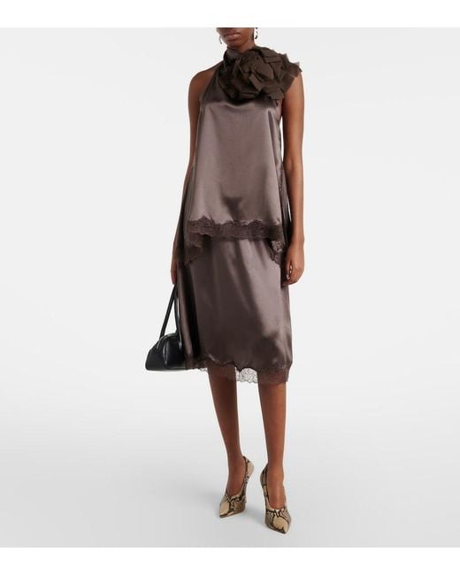 Magda Butrym Brown Lace-Trimmed Silk Satin Slip Skirt