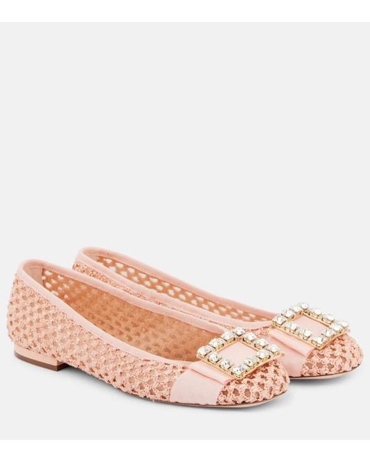Roger Vivier Pink Tres Vivier Embellished Raffia Ballet Flats