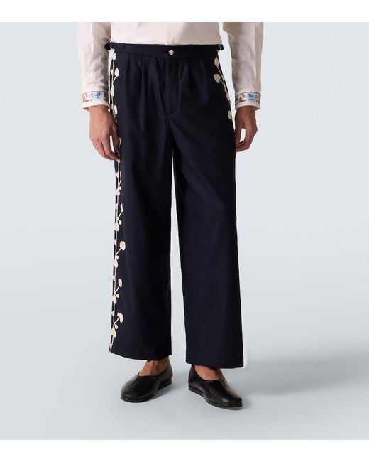 Bode Blue Snowdrop Wool-Blend Wide-Leg Pants for men