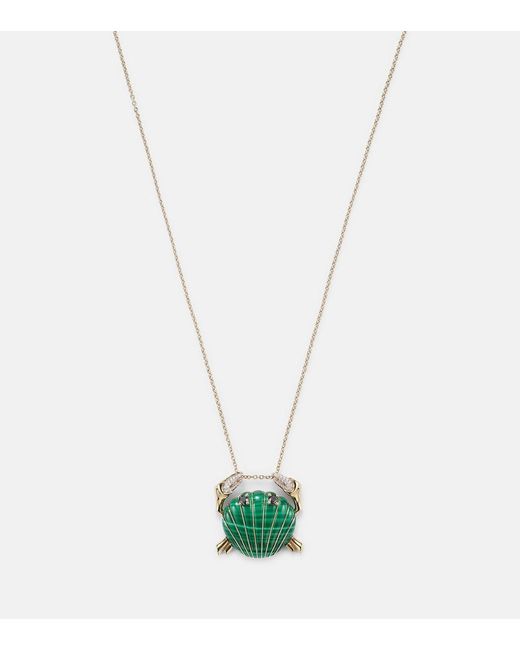 Yvonne Léon White Crabe Coquillage 9Kt Pendant Necklace With Malachite And Diamonds