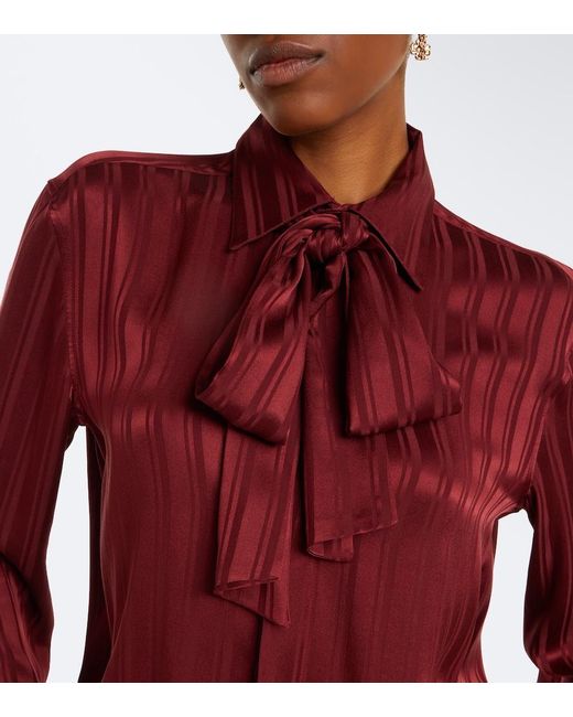 Saint Laurent Red Striped Tie-Neck Silk Jacquard Blouse