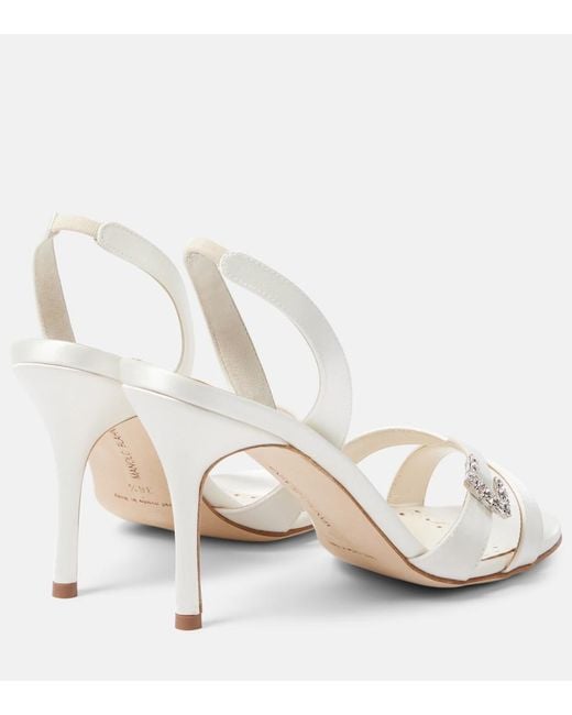Manolo Blahnik White Ramisli Embellished Satin Slingback Sandals