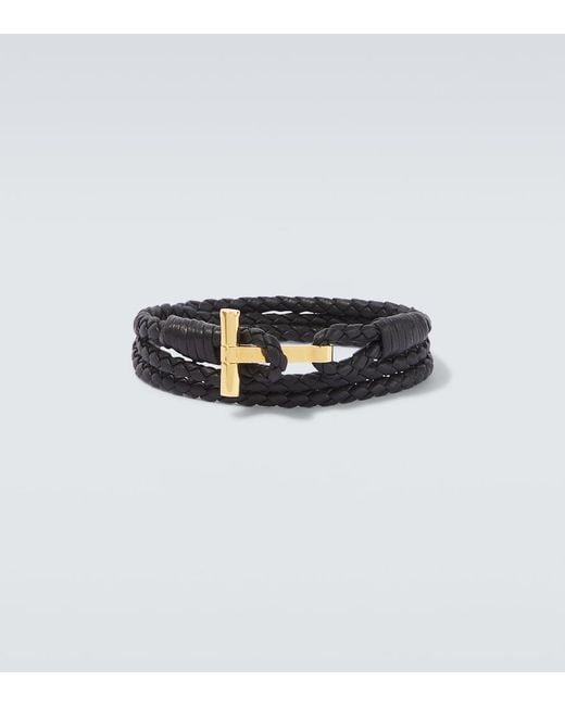 Tom Ford White T Braided Leather Bracelet for men