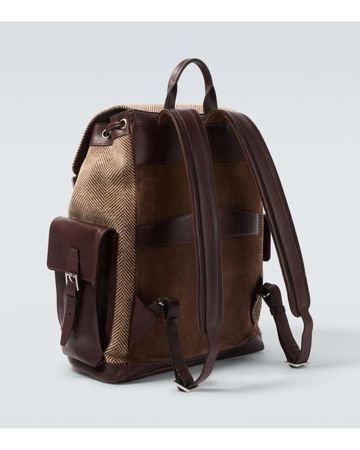 Brunello Cucinelli Brown Herringbone Leather-Trimmed Backpack for men