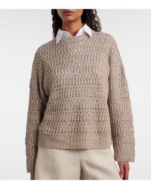 Brunello Cucinelli Brown Sequined Linen-Blend Sweater