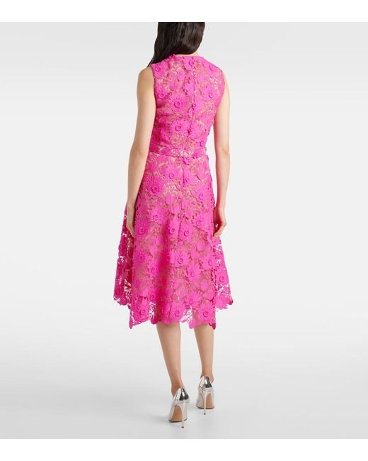 Oscar de la Renta Pink Belted Guipure Lace Midi Dress
